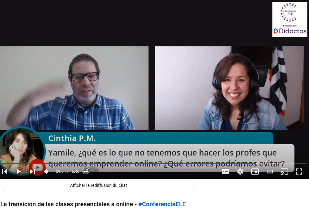 conferencia ELE yamile rojas ordinateur affichant des vidéos gratuites de leçon d'espagnol