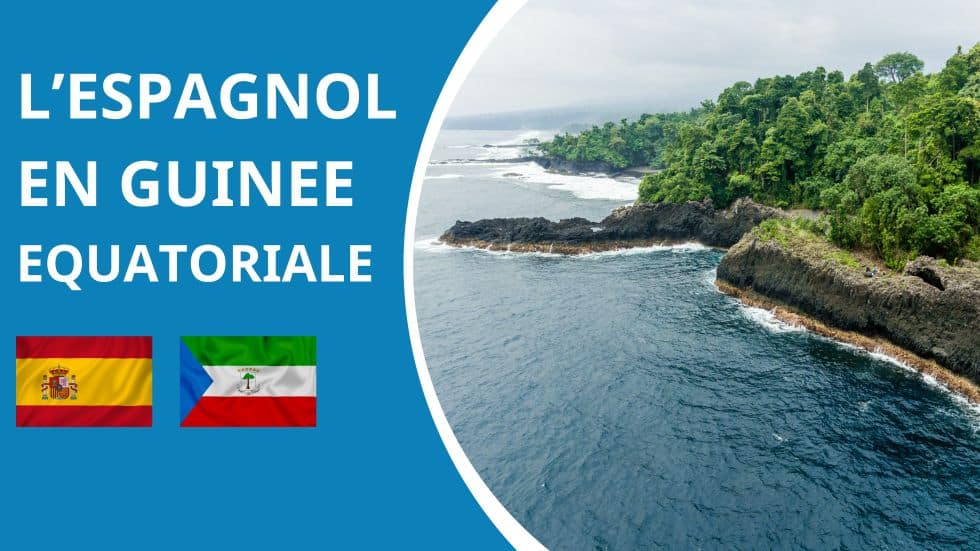 espagnol en guinee equatoriale avec paysage drapeaux sur fond bleu avec paysage de guinée équatoriale