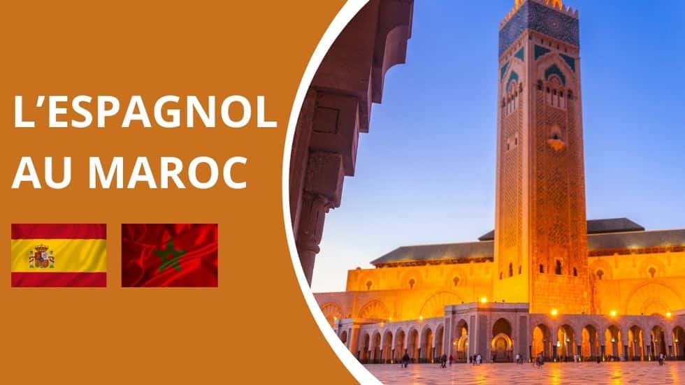 mosquee-espagnol-au-maroc drapeaux espagnol et marocain sur fond orange avec image d'une mosquée