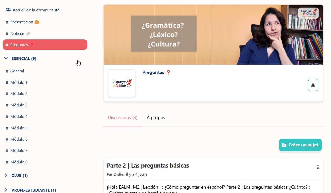 Communauté privé familia EALM interface d'un site web de blended learning