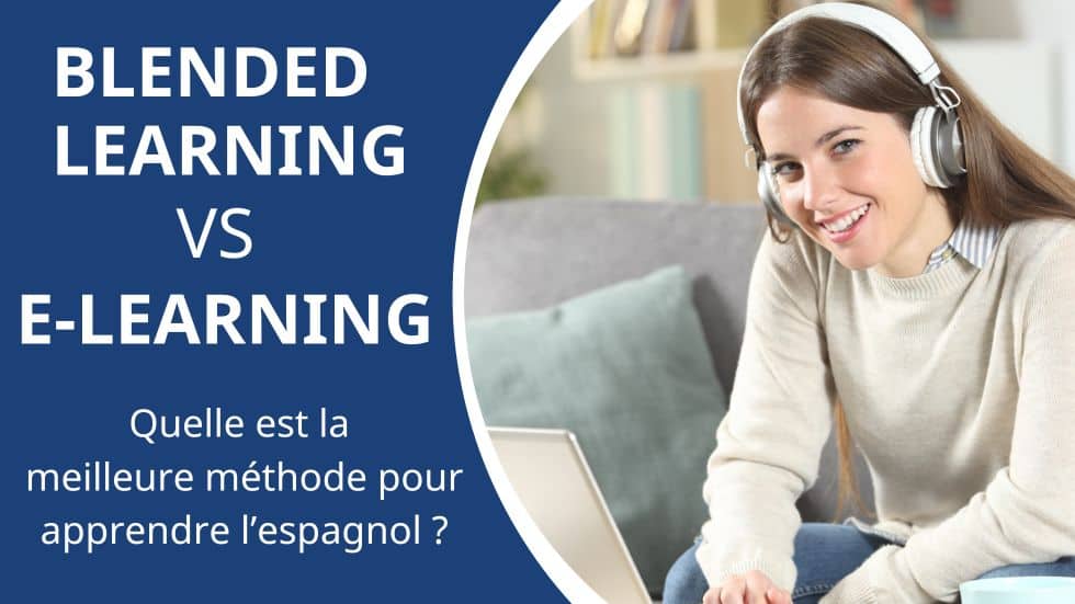 femme avec casque pratiquant du e-learning ou blended learning