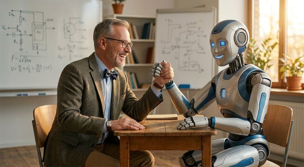 prof-bras-de-fer-avec-robot Bras de fer entre un prof humain et un robot IA dans une salle de classe